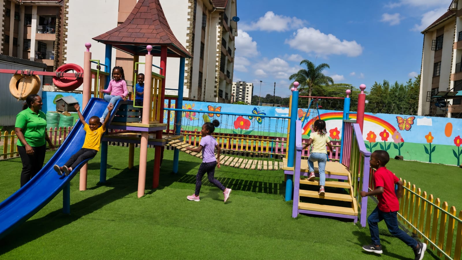Colourful playground mural at Iris Fields School